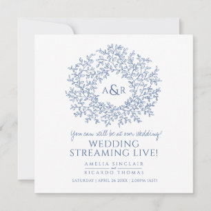 Monogram vita blåa blad bröllop livesändning meddelande