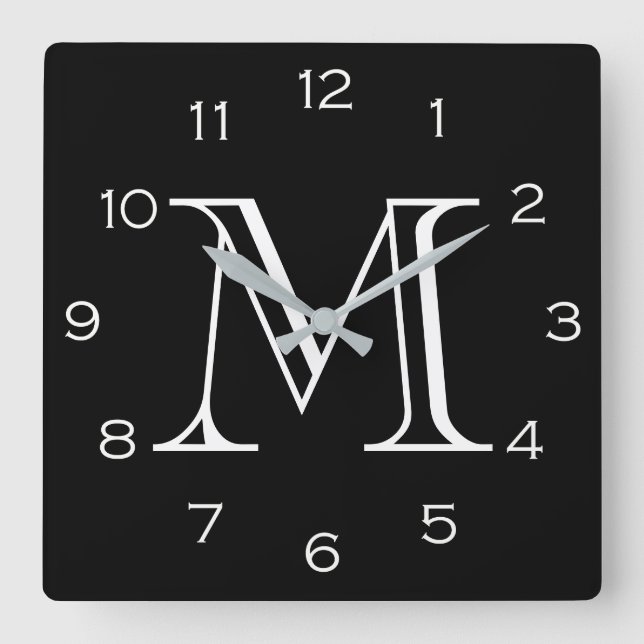 Monogram vita nummer på svartvitt fyrkantig klocka (Framsida)