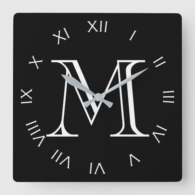 Monogram Vita romerska nummer på svartvitt Fyrkantig Klocka (Framsida)
