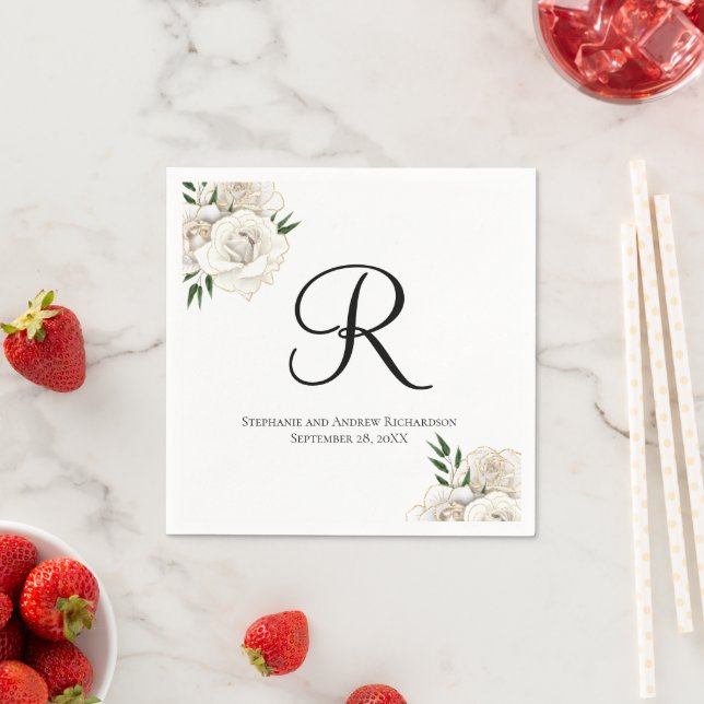 Monogram vita rosor blomstereleganta bröllopsserve pappersservett (Insitu)