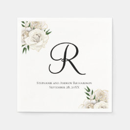 Monogram vita rosor blomstereleganta bröllopsserve pappersservett