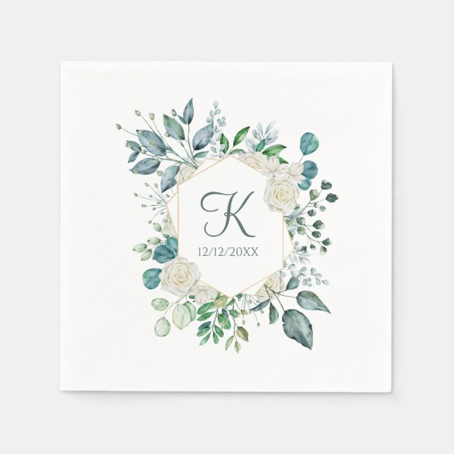 Monogram vita rosor Grönska Eukalyptus Bröllop  Pappersservett (Framsidan)