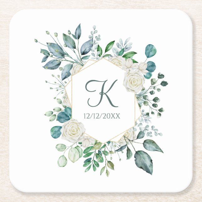 Monogram vita rosor grönska eukalyptus bröllop  underlägg papper kvadrat (Framsidan)