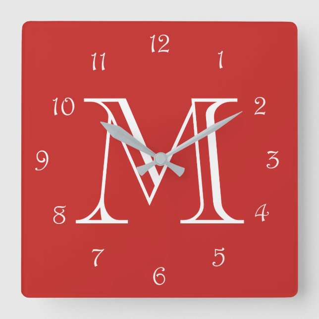 Monogram vita skript-nummer på rött väggklocka (Framsida)