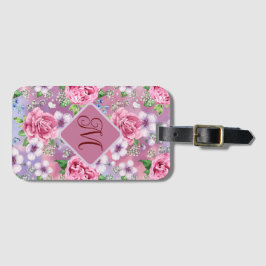 Monogram vitröd resväskemärke med rosor bagagebricka