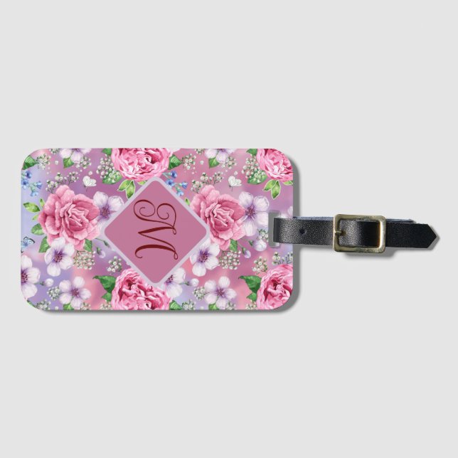 Monogram vitröd resväskemärke med rosor bagagebricka (Framsida horisontal)