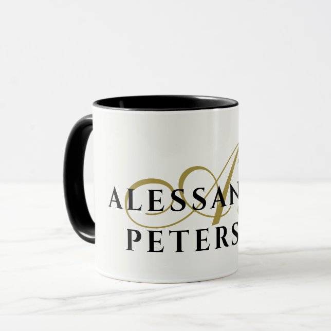 Monogram Vitt Guld Svart Namn Minimalistisk Elegan Mugg (Framsida vänster)