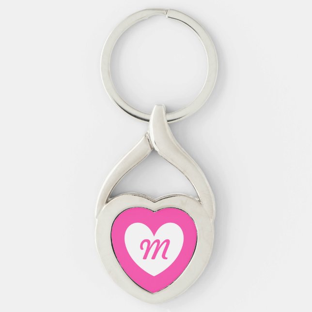 Monogram vitt hjärta på fuchsisk rosa twisted heart silverfärgad nyckelring (Framsidan)