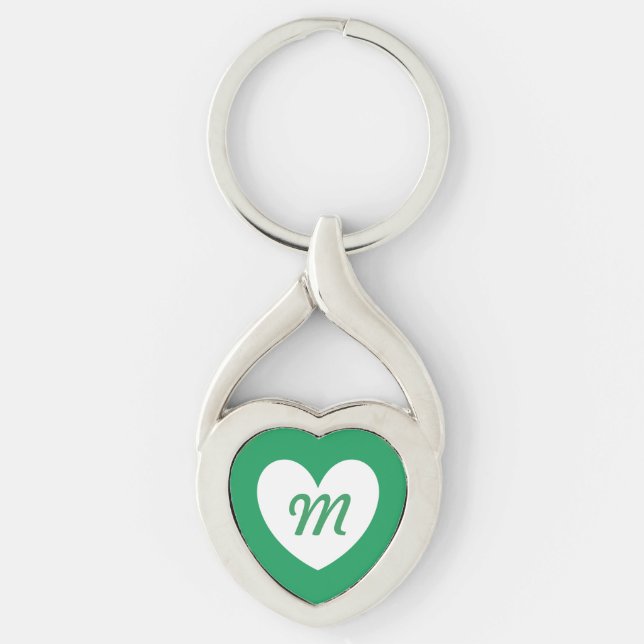 Monogram vitt hjärta på Kelly grön Twisted Heart Silverfärgad Nyckelring (Framsidan)