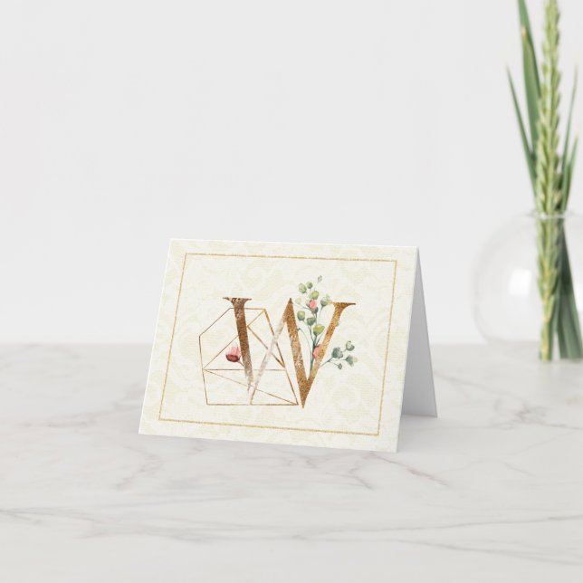 Monogram W Blommigt Note Card Guld Kort (Framsida)