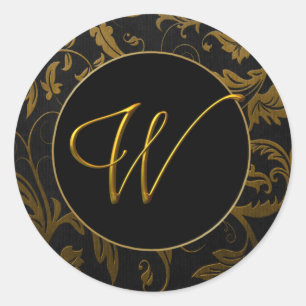 Monogram W Guld och Black Damask Wedding Seal Runt Klistermärke