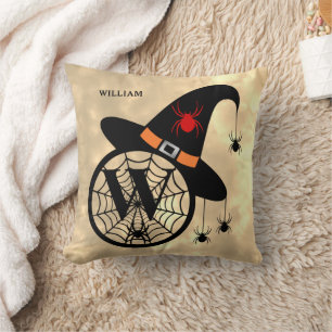 Monogram W Halloween Himlar Witch Spiders Namn Kudde