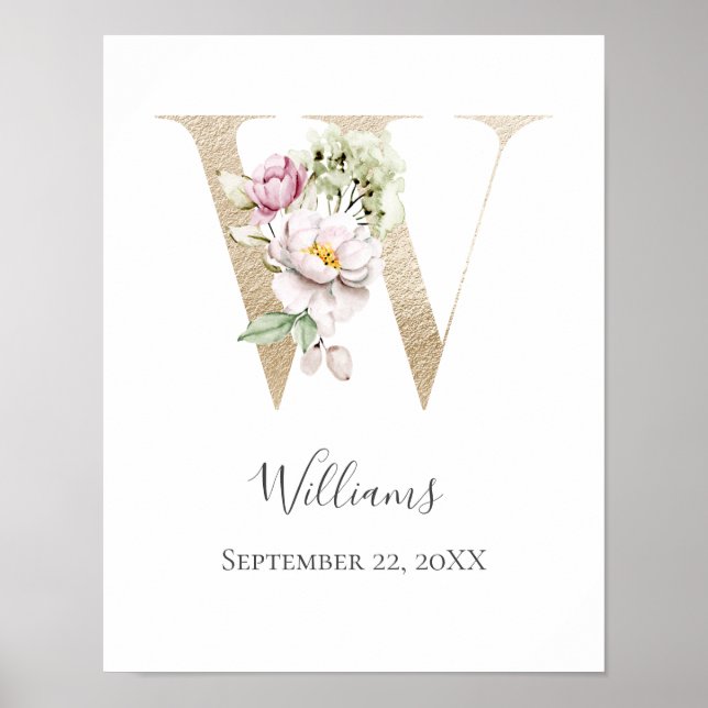 Monogram W Rosa Vitt Blommig Guld Bokstav Barnkamm Poster (Framsidan)