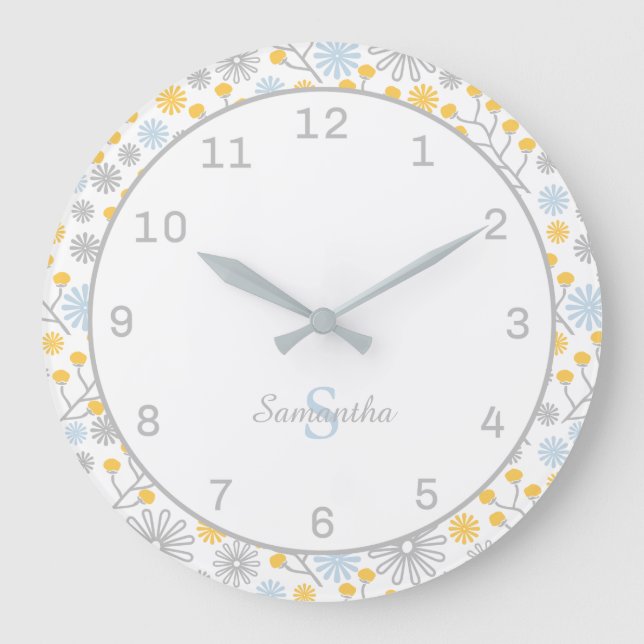 Monogram Wall Clock Scandinavian Blommigt Stor Klocka (Framsida)