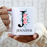 Monogram Watercolor Anpassningsbar Single Brev Cof Kaffemugg<br><div class="desc">Monogram Blommigt Anpassningsbar Single Brev J</div>