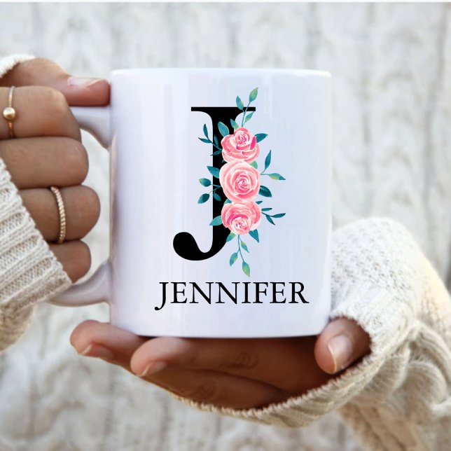 Monogram Watercolor Anpassningsbar Single Brev Cof Kaffemugg (Skapare uppladdad)