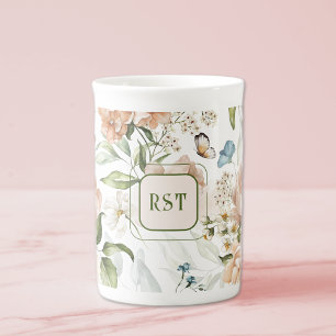 Monogram Watercolor Blommigt 10oz. Benporslin Mugg