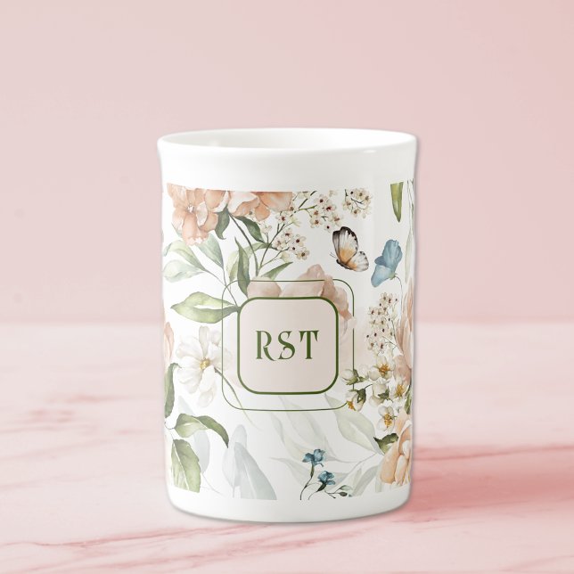 Monogram Watercolor Blommigt 10oz. Benporslin Mugg (Skapare uppladdad)