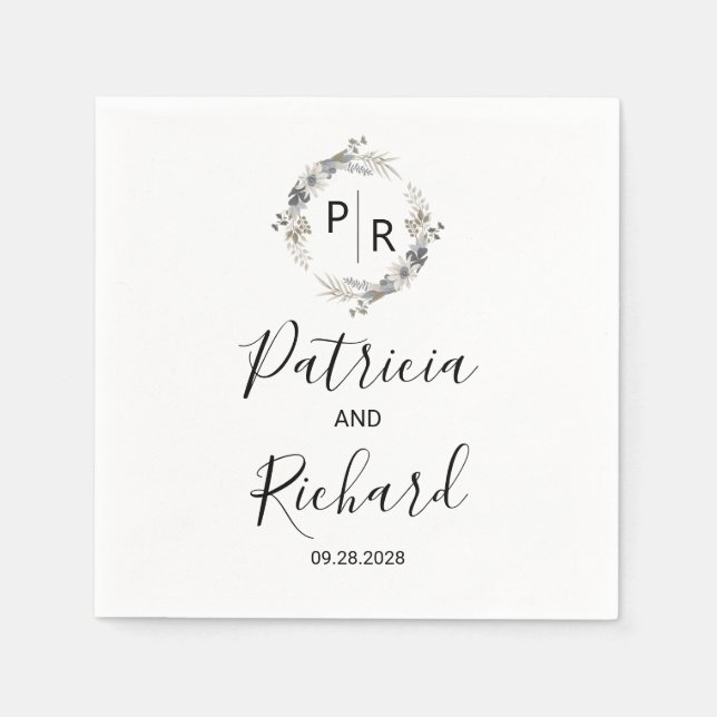 Monogram Watercolor Blommigt Bröllop Pappersservett (Framsidan)