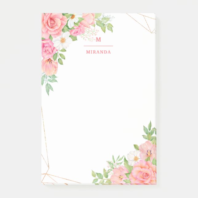 Monogram Watercolor Blommigt Greenery Rosa Geometr Post-it Block (Framsida)