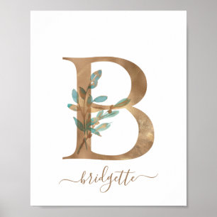 Monogram Watercolor Blommigt Guld Brev B Poster
