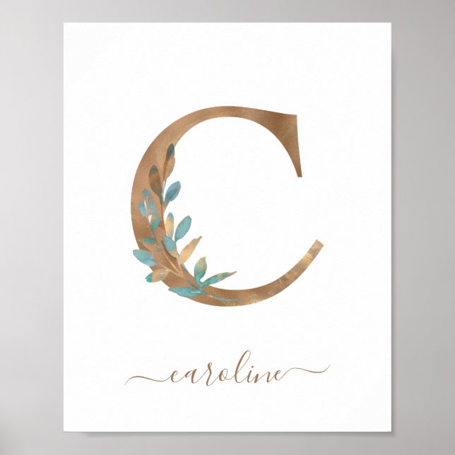 Monogram Watercolor Blommigt Guld Brev C Poster (Framsidan)