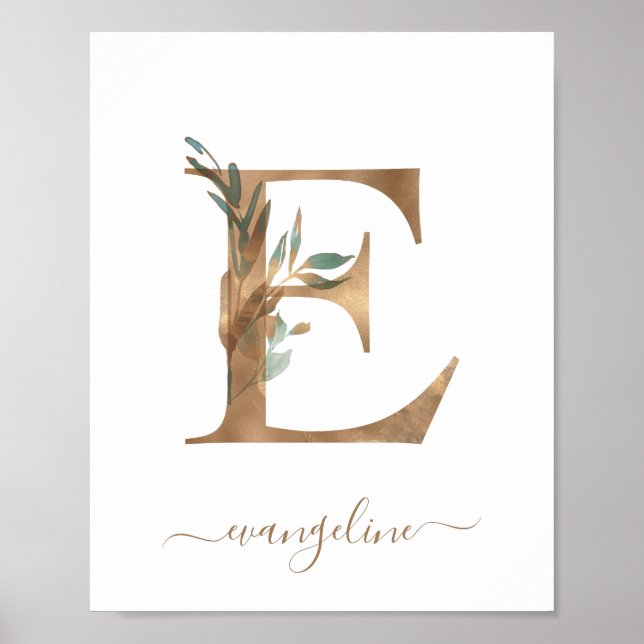 Monogram Watercolor Blommigt Guld Brev E Poster (Framsidan)