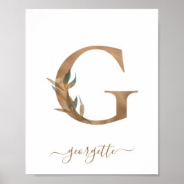 Monogram Watercolor Blommigt Guld Brev G Poster