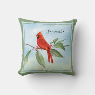 Monogram Watercolor Blue Grönt Red Cardinal Bird Kudde