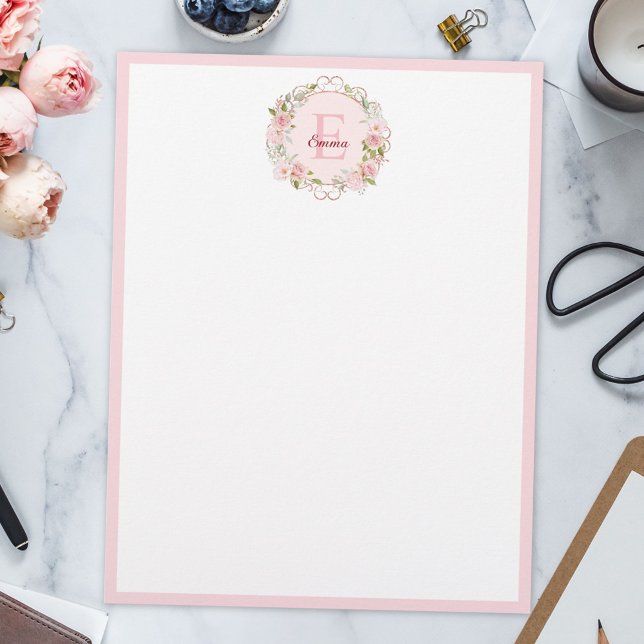 Monogram Watercolor Blush Pink Rose Flowers Floral Brevhuvud (In situ)