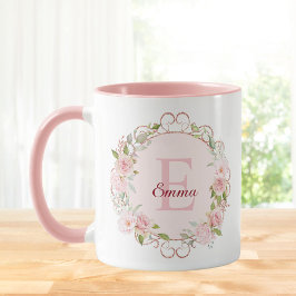 Monogram Watercolor Blush Pink Rose Flowers Floral Mugg