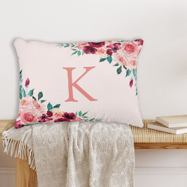 Monogram Watercolor Boho Rosa Burgundy Ro Flower Prydnadskudde