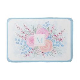 Monogram Watercolor Bouquet Rosa ros Blue Löv Badrumsmatta