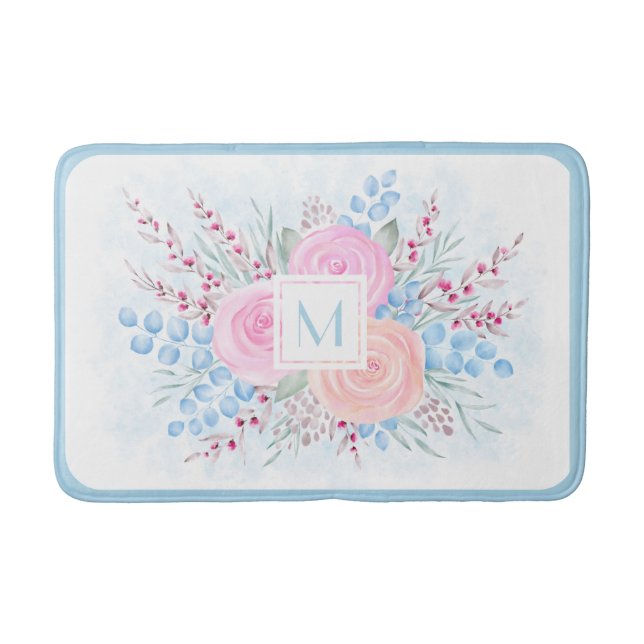 Monogram Watercolor Bouquet Rosa ros Blue Löv Badrumsmatta (Framsidan)
