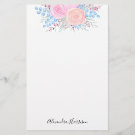 Monogram Watercolor Bouquet Rosa ros Blue Löv Brevpapper