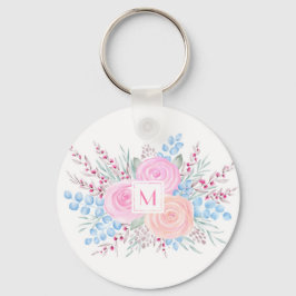 Monogram Watercolor Bouquet Rosa ros Blue Löv Nyckelring
