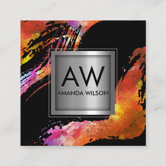 Monogram Watercolor Brushed | Metallbanderoll Fyrkantigt Visitkort (Framsida)