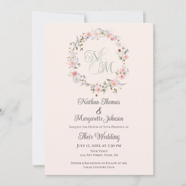 Monogram Watercolor Floral Wreath Wedding Inbjudningar (Framsida)