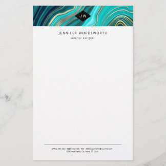 Monogram Watercolor Geode Grönt Agate Malachite Brevpapper