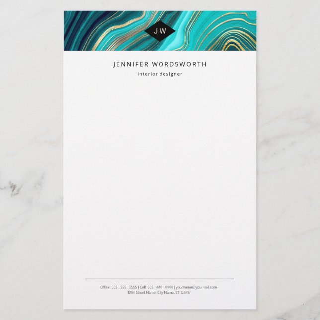 Monogram Watercolor Geode Grönt Agate Malachite Brevpapper (Framsida)