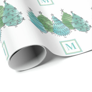 Monogram Watercolor Grönt Julgranar Presentpapper