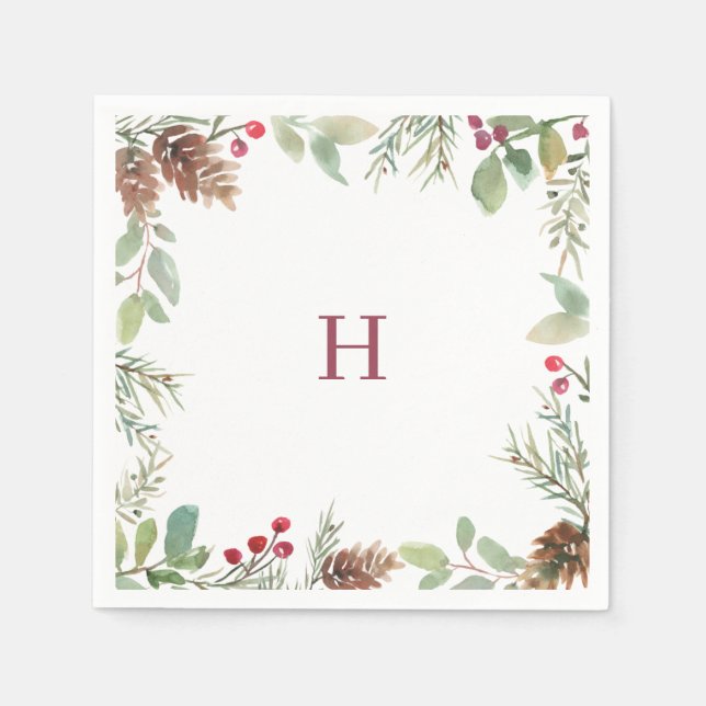 Monogram Watercolor jul Greenery Berry Pappersservett (Framsidan)