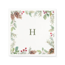 Monogram Watercolor jul Greenery Napkins