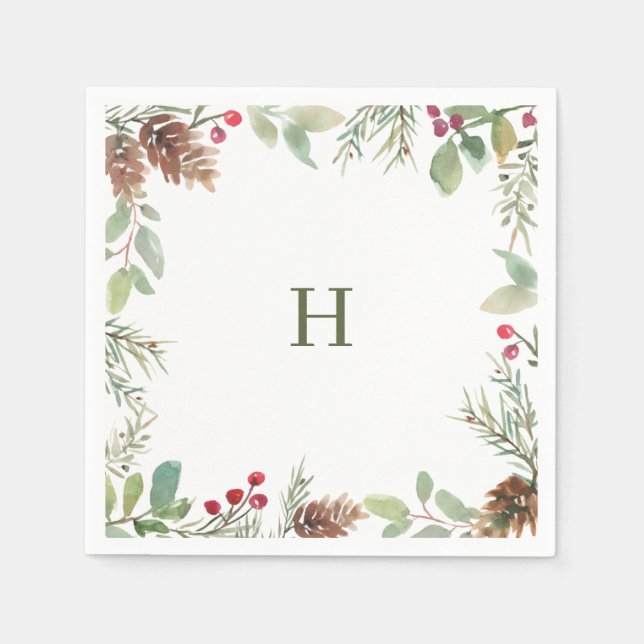 Monogram Watercolor jul Greenery Napkins Pappersservett (Framsidan)