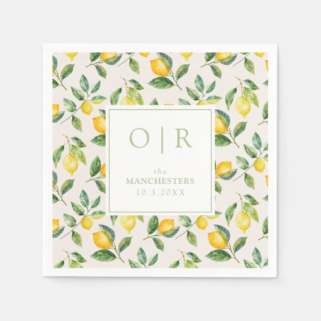 Monogram Watercolor Lemon Wedding Pappersservett (Framsidan)
