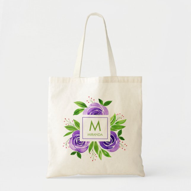 Monogram Watercolor Lila Blommigt Tygkasse (Framsidan)