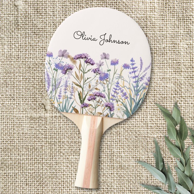 Monogram Watercolor Lila Wildblomskugga Pingisracket (Close up)