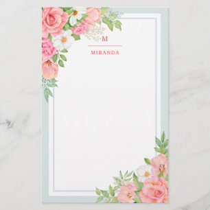Monogram Watercolor Ombre Blommigt Greenery Ro Brevpapper