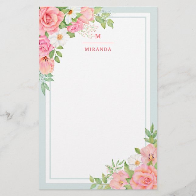 Monogram Watercolor Ombre Blommigt Greenery Ro Brevpapper (Framsida)