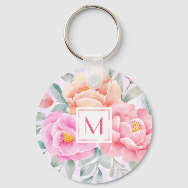 Monogram Watercolor Peonies Ro Rosa Blommigt Boho Nyckelring (Framsida)